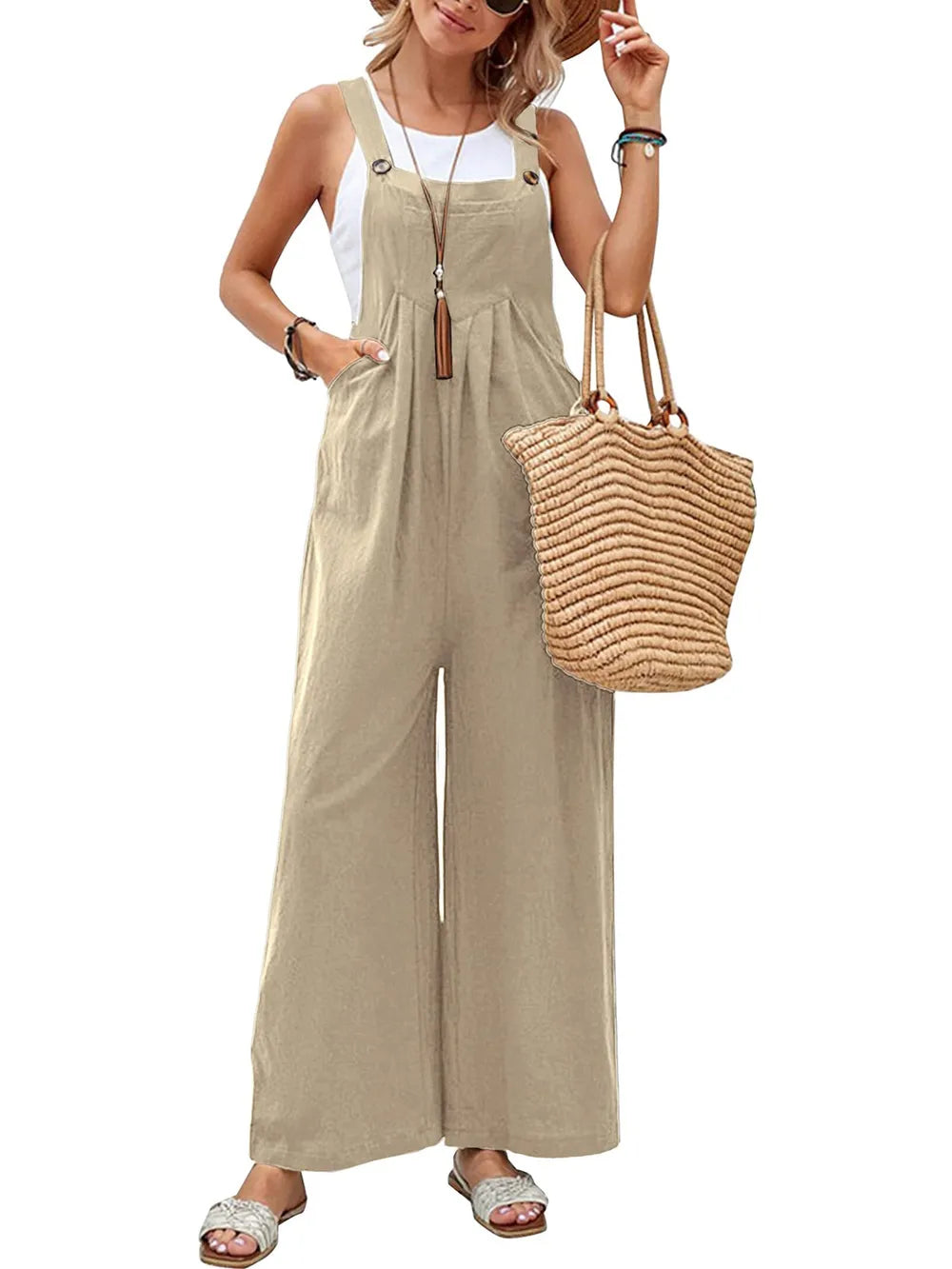Khaki square neck overalls detailed view showing construction
