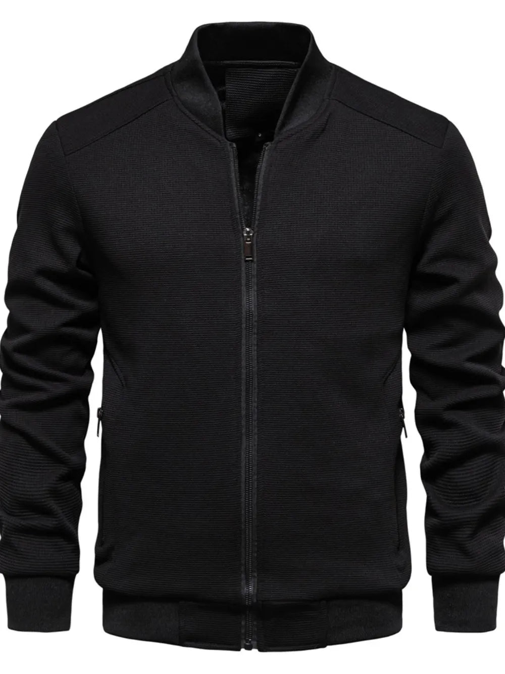 Men's waffle knit baseball collar zip jacket black front view
