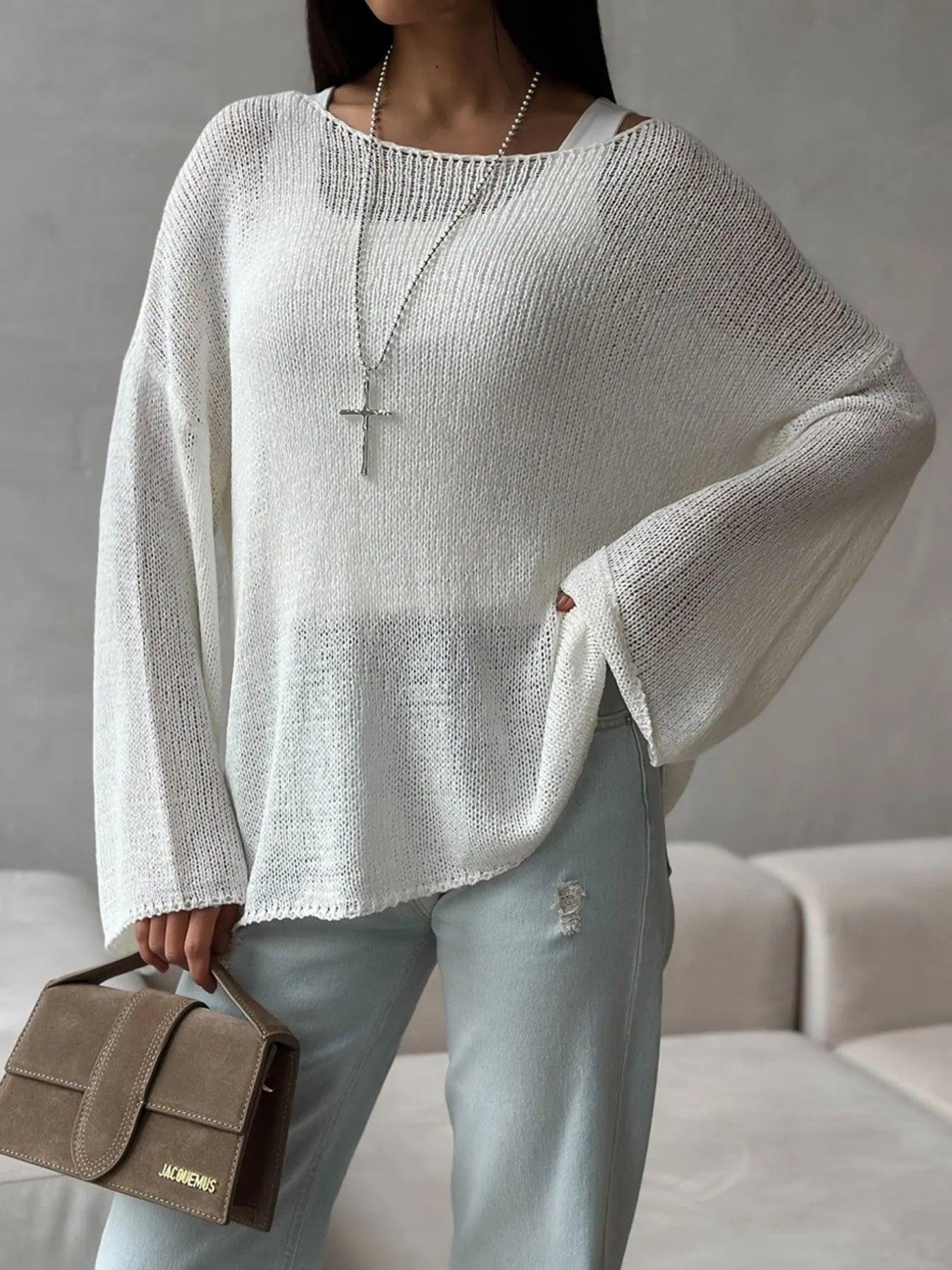 White boat neck knit cover up front and side angle
