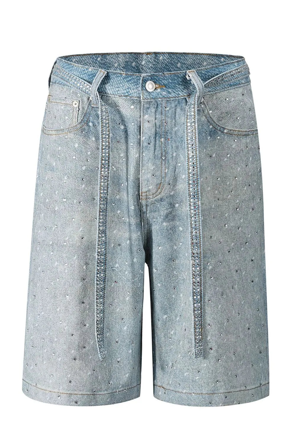 Men's washed rhinestone denim Bermuda shorts front view flat lay blue denim
