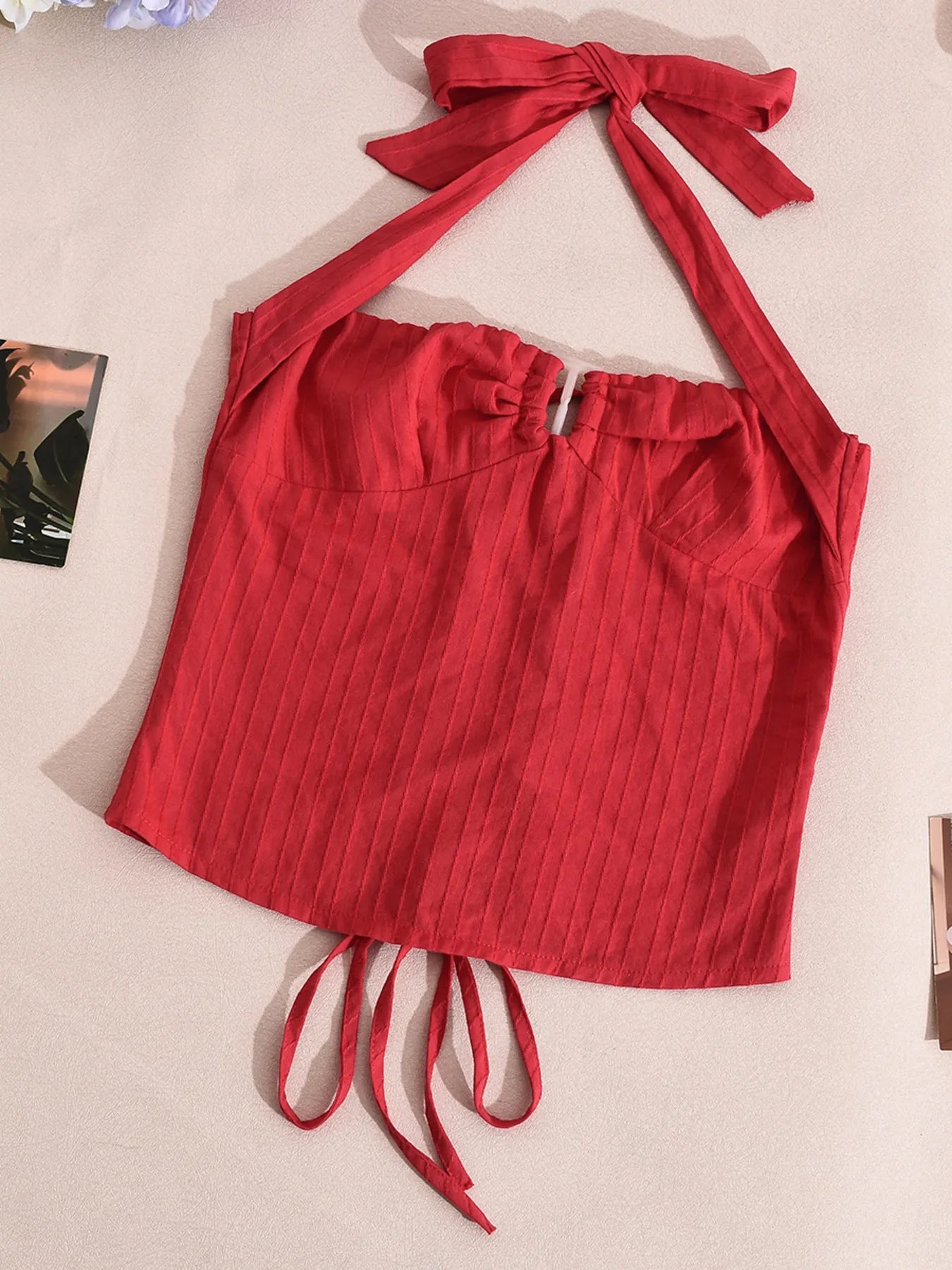 Halter neck cami top deep red detailed front view product shot
