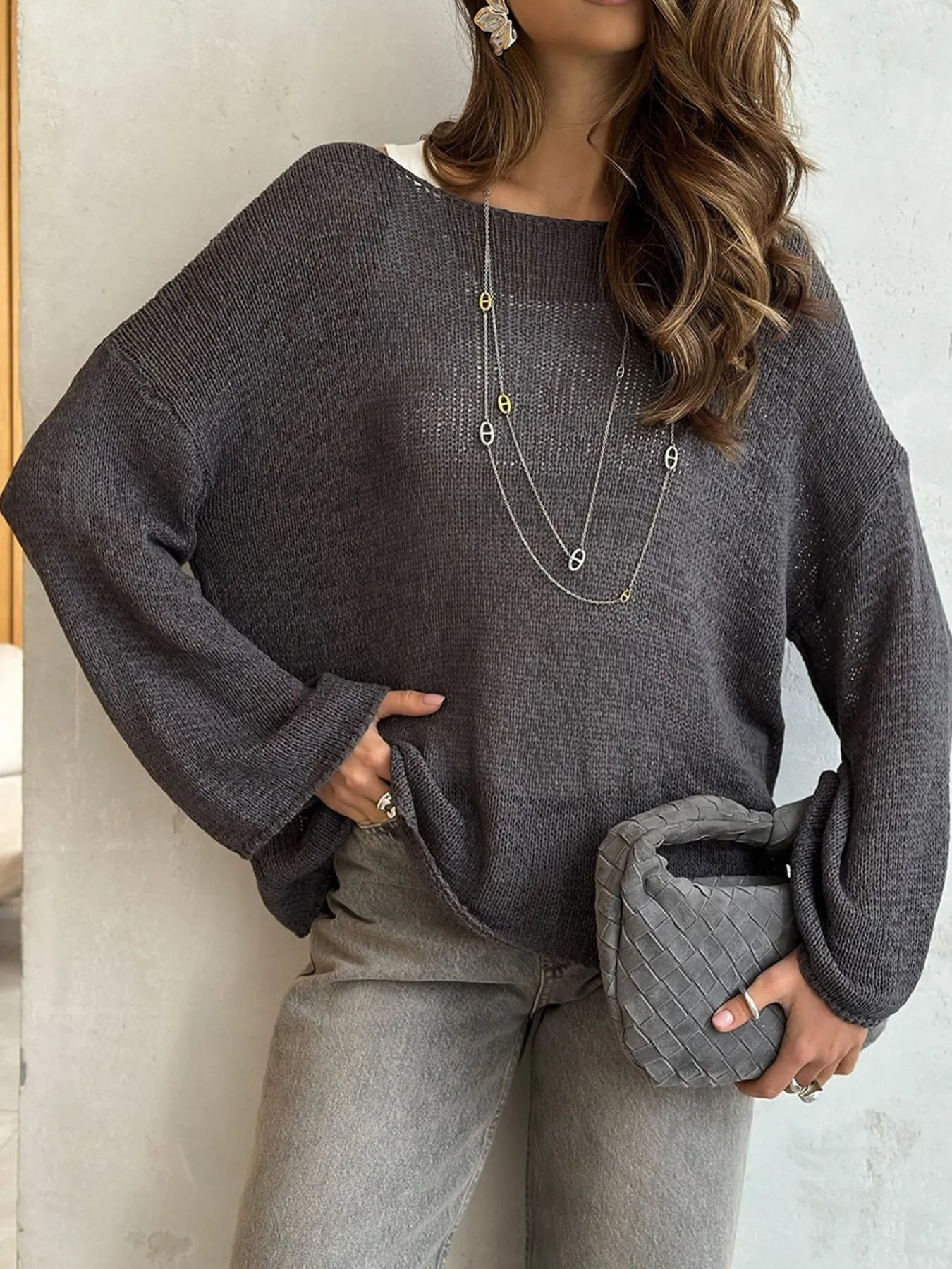 Black boat neck knit cover up front view relaxed fit
