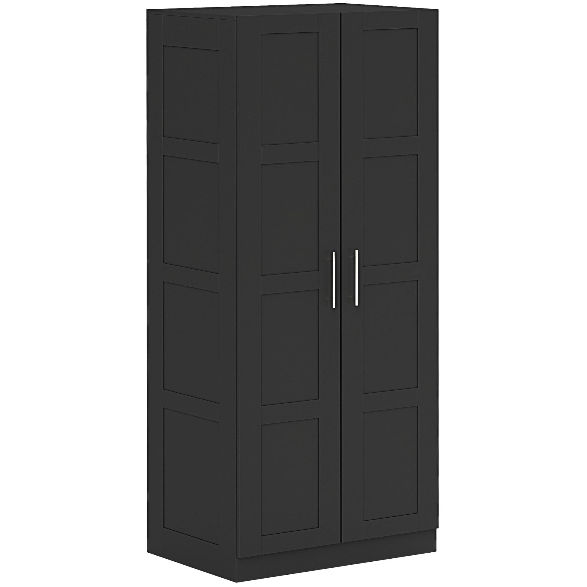 Black double panelled door wardrobe with shelves front and side view
