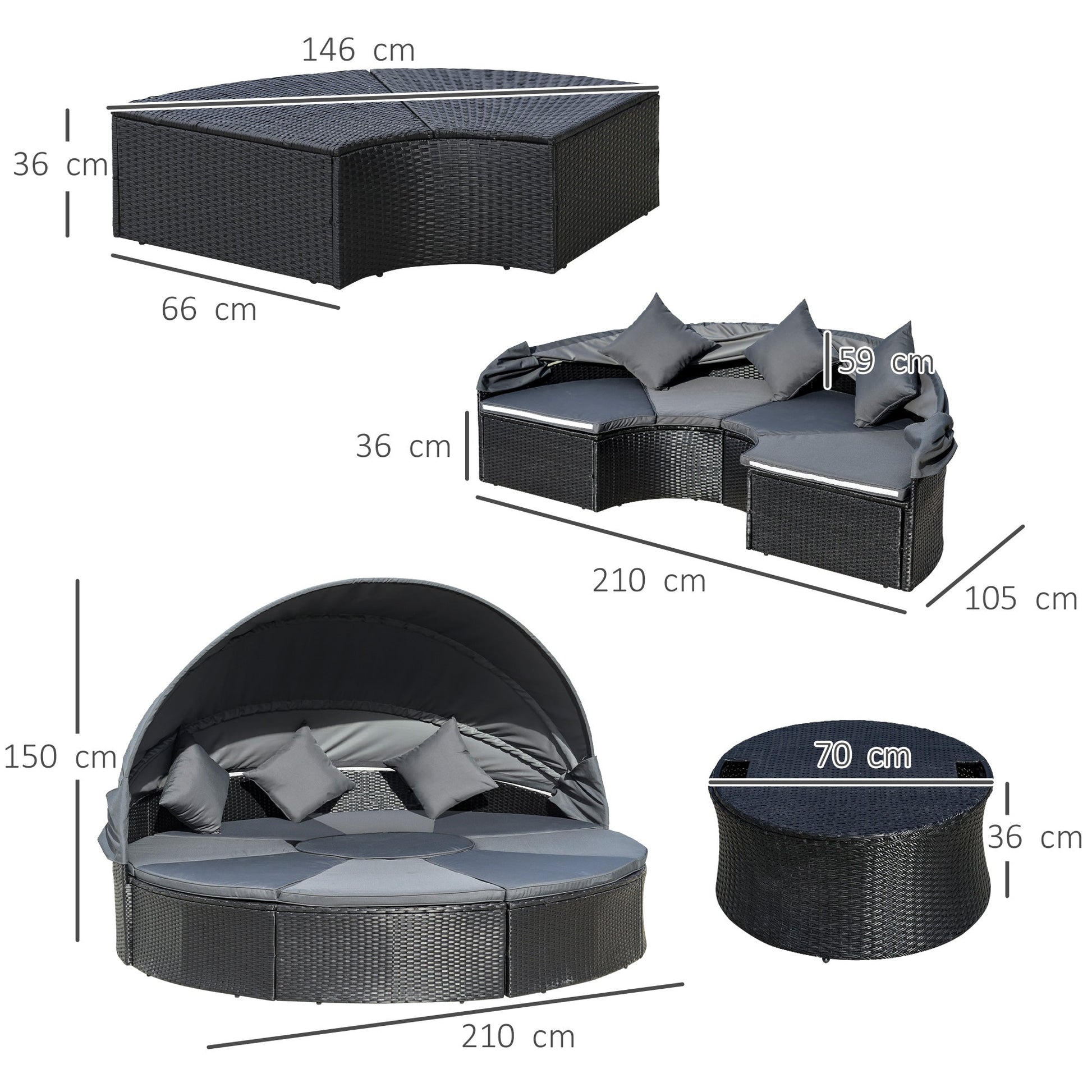 Dimensions specifications for black PE rattan garden daybed set with coffee table
