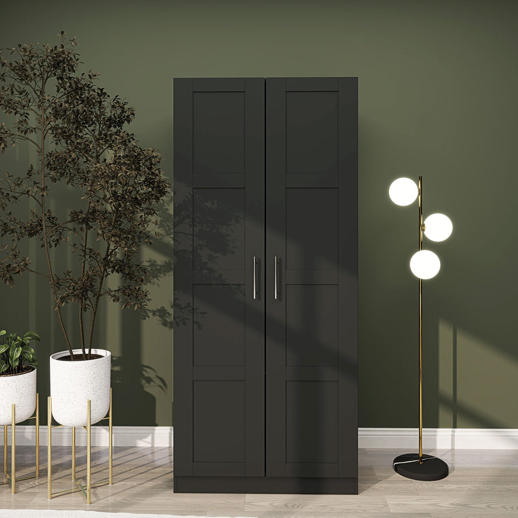 Black double panelled door wardrobe with shelves front view
