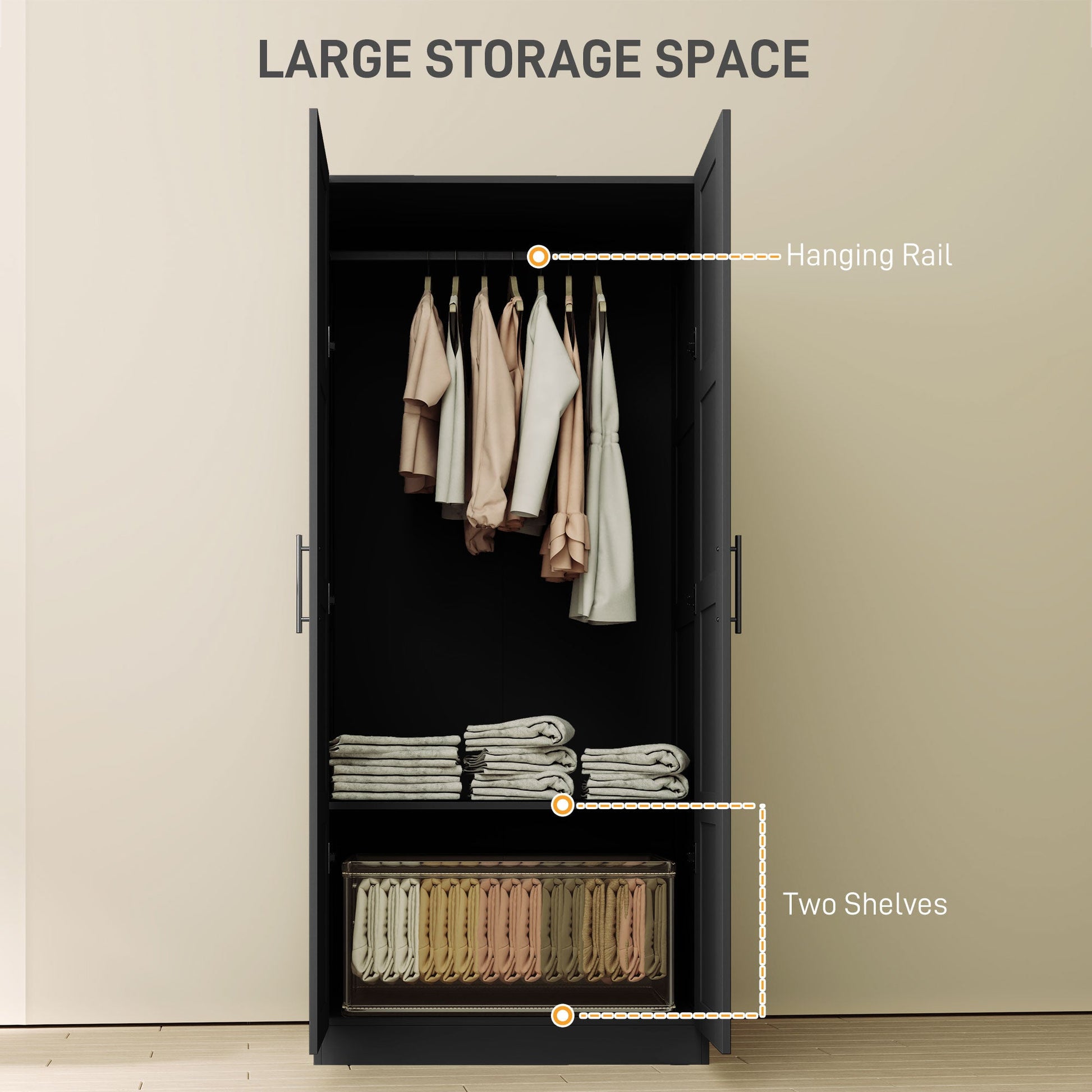 Interior storage space view of black double panelled door wardrobe with shelves
