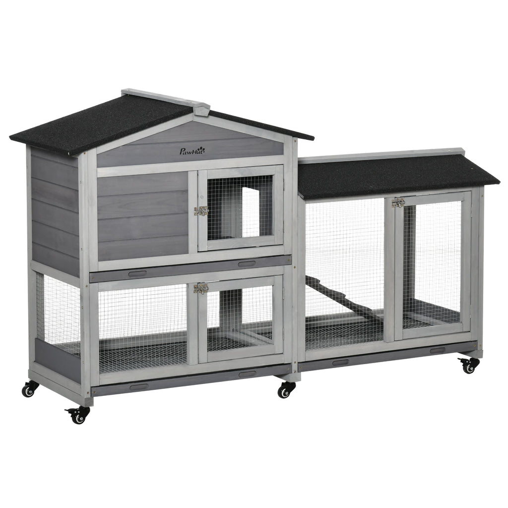 Two-tier wooden rabbit and guinea pig hutch with wheels full product view
