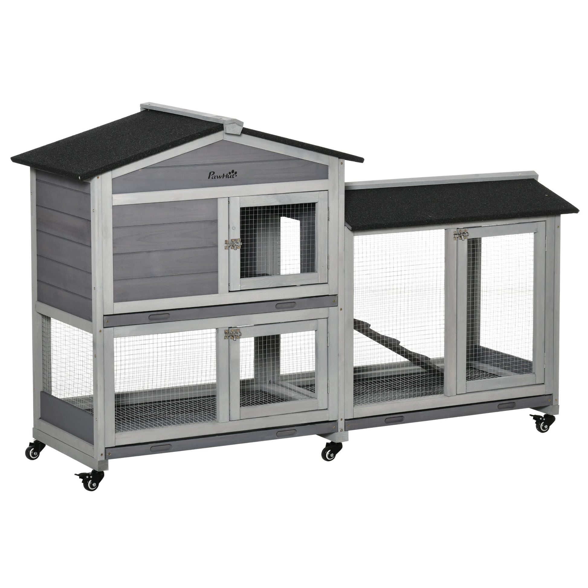Two-tier wooden rabbit and guinea pig hutch with wheels full product view

