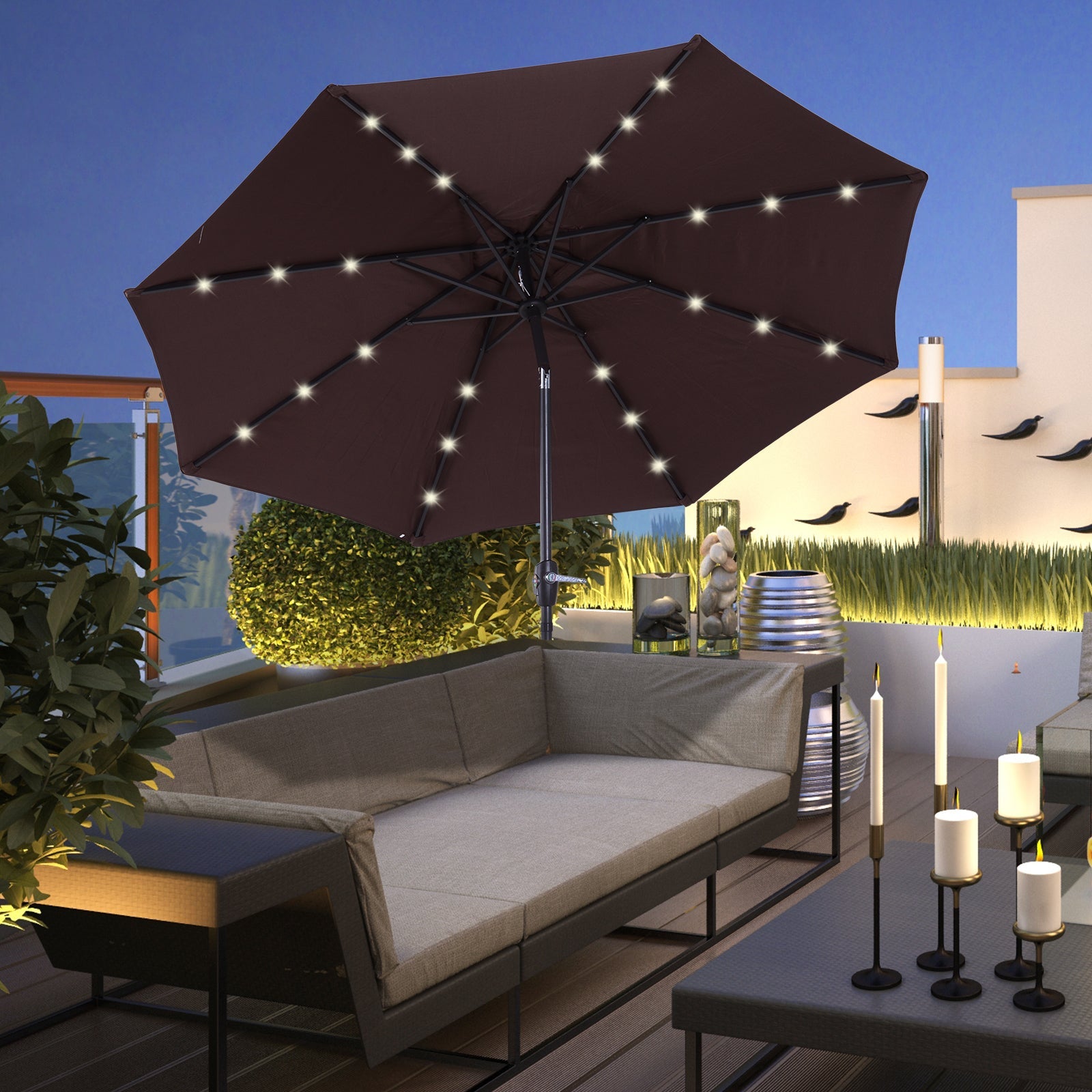 Inside view of solar LED lights in brown coffee umbrella parasol canopy

