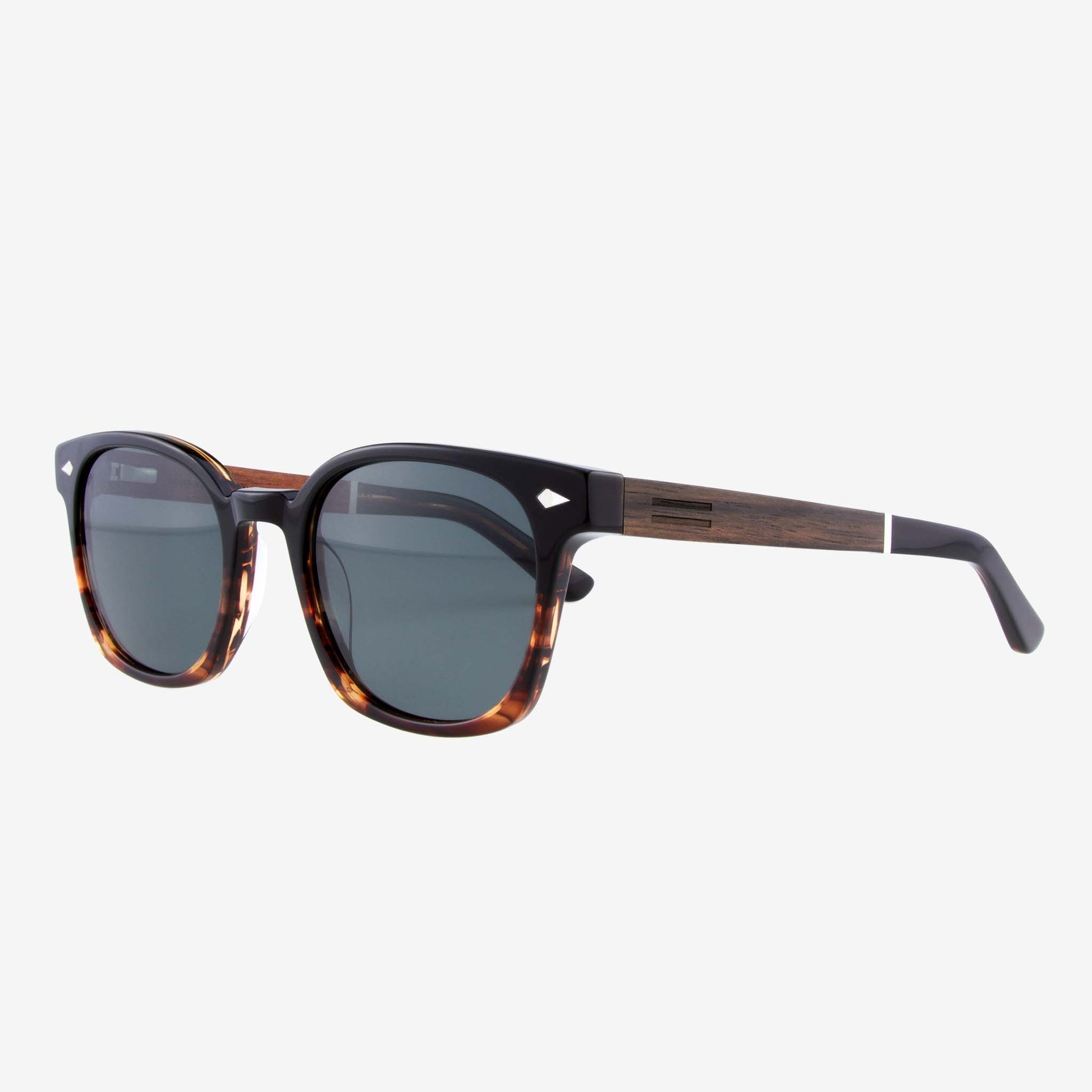 Williston acetate and wood sunglasses side view black tortoise frame flat lay
