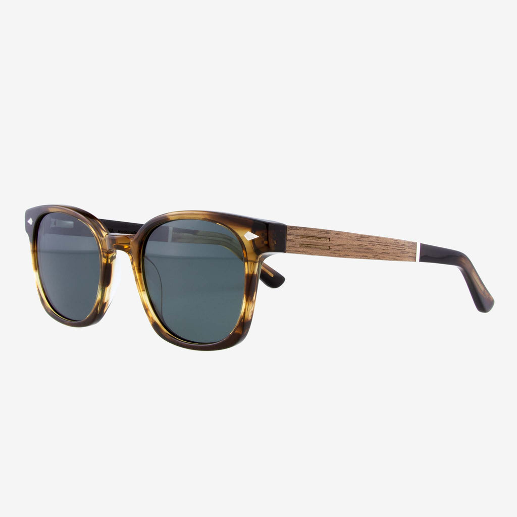 Williston acetate and wood sunglasses side view brown tortoise frame flat lay
